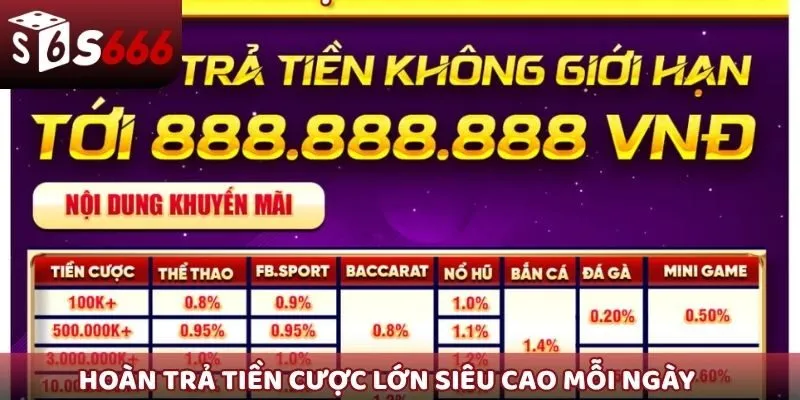 Hoàn trả tiền cược lớn siêu cao mỗi ngày